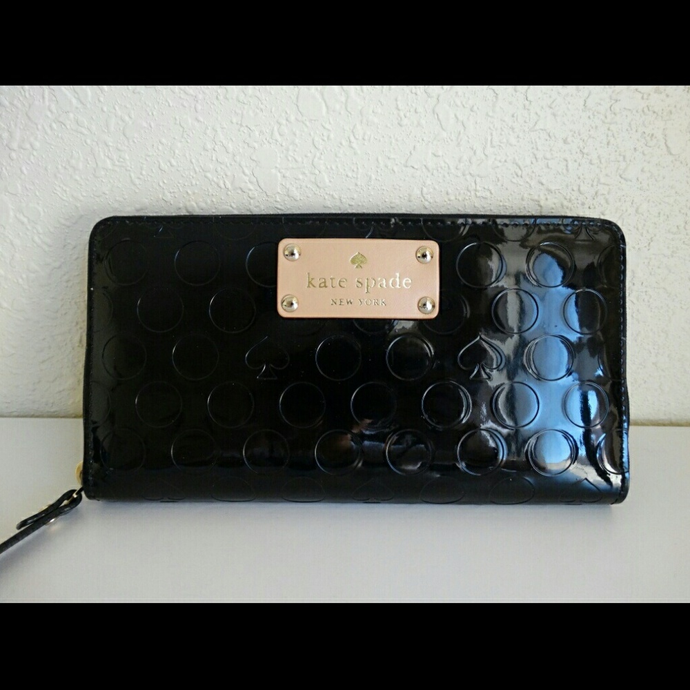 kate spade Black Patent Zip-Around Wallet with Gold Plaque Accent